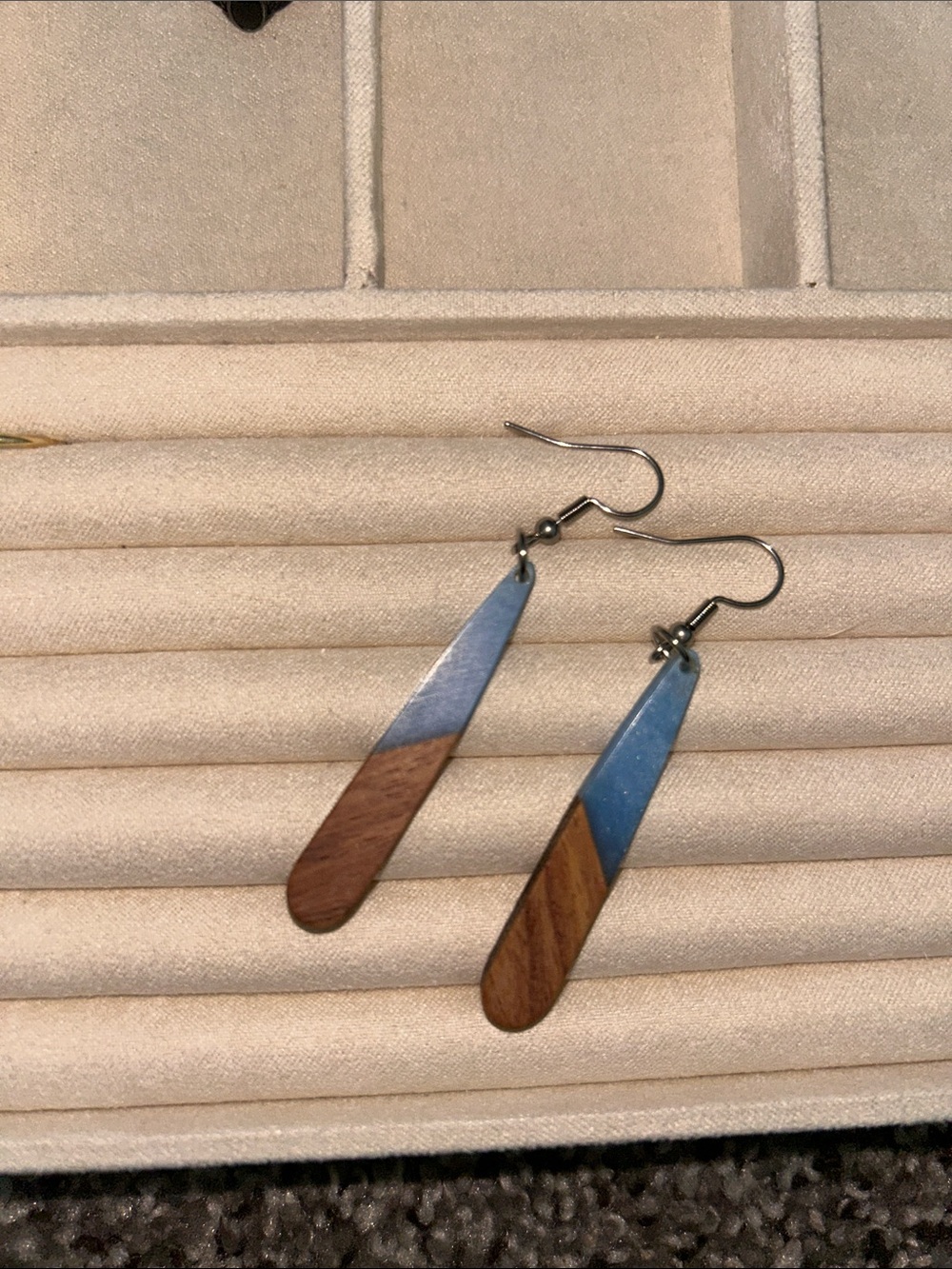 Blue resin and Brown Wood Inlay Drop Earrings - Womens Jewelry